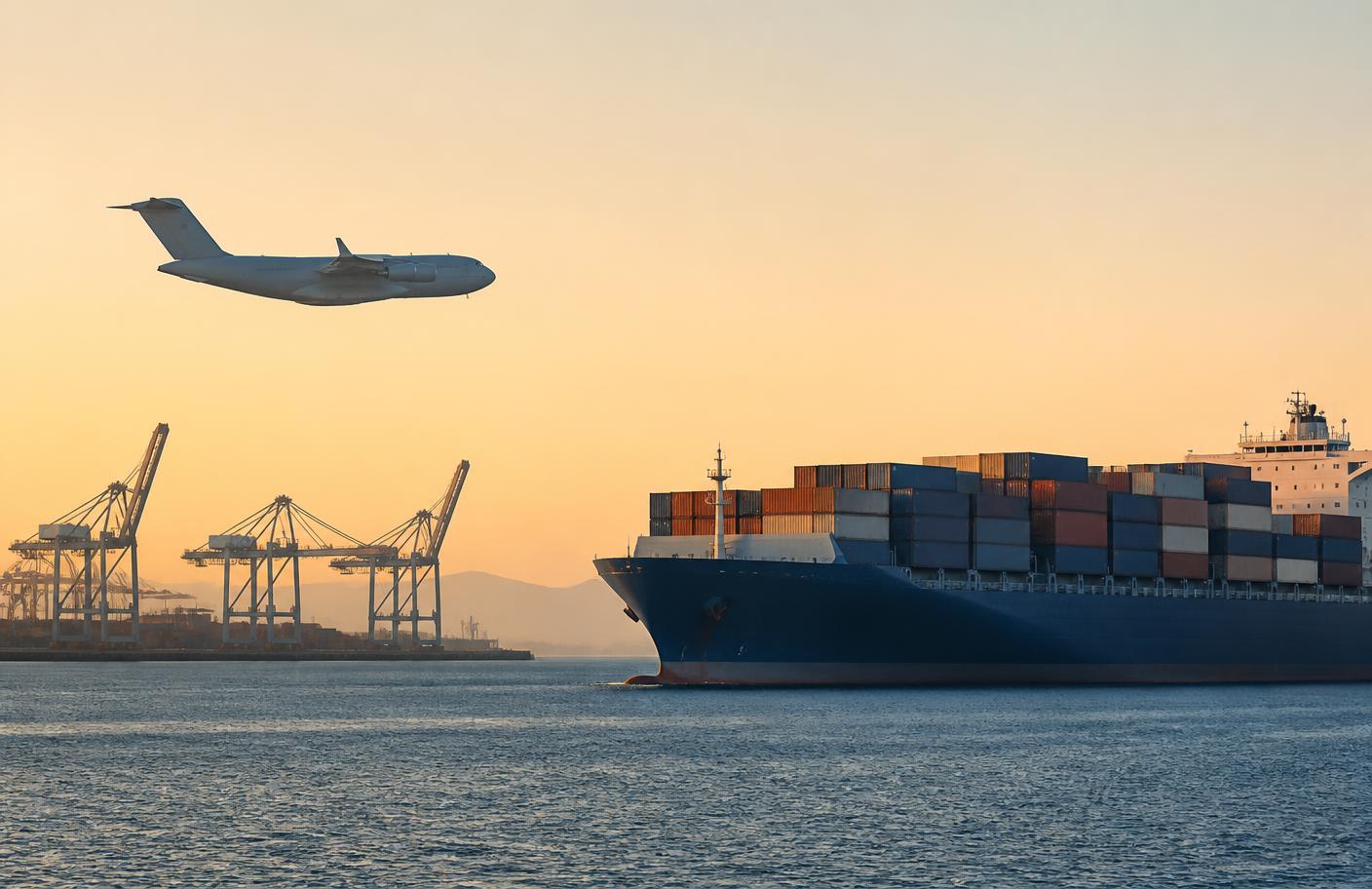 Navio porta-contêineres e avião cargueiro em operação logística internacional